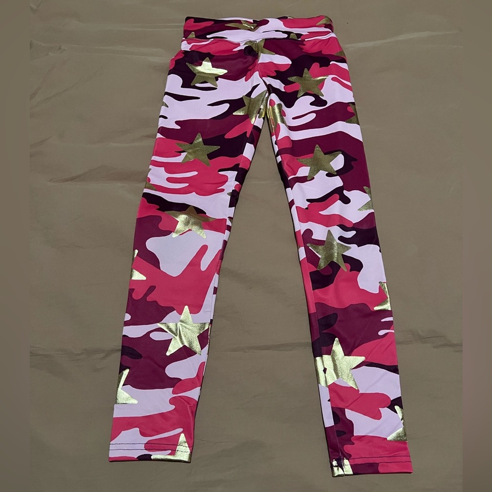 Justice Active Girls Pink Camo Gold Star Leggings Girls Size 10